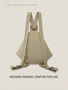 Macro view of khaki geometric backpack featuring a hidden back zipper pocket and nylon fabric