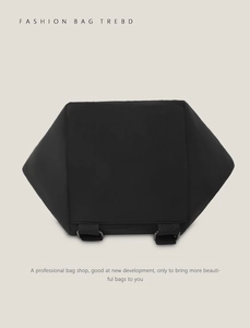 Macro detail of high-quality black nylon geometric backpack with adjustable straps