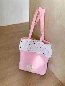 Large Capacity Canvas Tote Bag Japanese Sweet Polka Dot Pleated Edge Shoulder Bag Versatile Daily Commuting Women Handbag