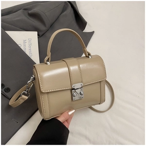 Detail of khaki leather handbag with silver metallic lock and top handle for commuting