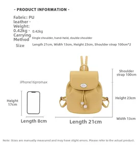 Detail showing yellow PU leather backpack dimensions, adjustable straps and drawstring design