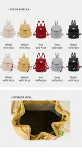 Detailed view of bucket backpack interior lining and drawstring flap closure