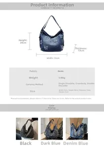 Detailed view of large denim tote bag dimensions and structure for three colors