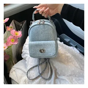 Fashion Women Mini Backpack Washed Denim PU Leather Small School Bag With Chain Strap And Turnlock For Daily Casual Use