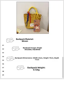 Size specifications and detailed measurements for the handmade woven beach basket bag