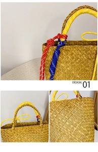 Detail of woven straw handbag featuring vibrant red, yellow, and blue rope handle knotting