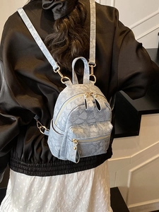 Mini light blue floral backpack with gold zippers and adjustable straps for women