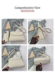 Vues détaillées du sac à bandoulière en cuir grainé blanc crème avec rabat et sangle