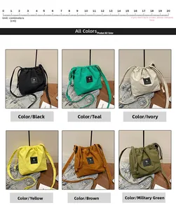 Detail view of nylon drawstring bucket bags in multiple colors with 20cm scale ruler
