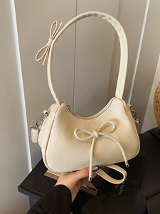 Women Bowknot PU Leather Crossbody Bag Fashion Litchi Texture Hobo Underarm Bag Elegant Solid Color Daily Shoulder Handbag