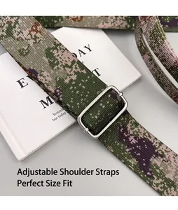 Detail view of the adjustable camouflage woven strap with a silver metal buckle