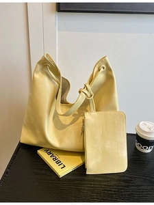 Minimalist pale yellow large capacity tote bag and small pouch set in soft PU leather