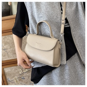 Détail du sac à main beige en cuir à motif litchi avec fermoir argenté et bandoulière