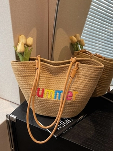 Women Summer Rope Woven Tote Bag With Rainbow Letter Embroidery Large Capacity Casual Beach Vacation Shoulder Bag Handbag