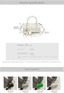 Size guide for retro American cylinder bag showing dimensions 20.5x10.5cm and PU material detail