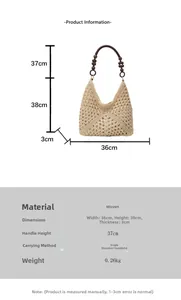 Detailed size chart for straw woven tote bag showing dimensions and handle height