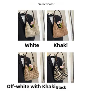 Straw shoulder bag collection in white, khaki, and black with wooden bead handle straps
