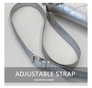 Macro view of adjustable silver shoulder strap with pleated texture and metal buckle