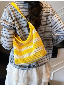 Yellow and white striped knit mesh tote bag for women with large casual summer style