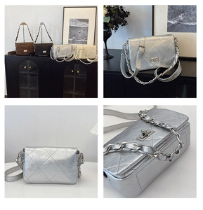 Detailed view of quilted leather crossbody bags with metal chain and turn-lock closure