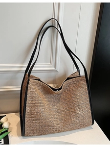 Women French Vintage Straw Woven Tote Bag Large Capacity Herringbone Pattern Beach Shoulder Bag With PU Leather Trim Khaki