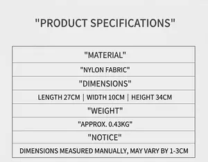Detailed size chart for minimalist nylon backpack showing dimensions 27x10x34cm and weight