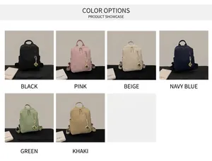 Detailed color selection showing six minimalist nylon backpacks in various trendy hues