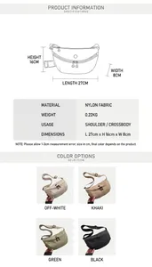 Detailed size chart and multi-color options for the nylon crossbody dumpling bag