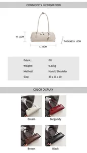 Detailed spec chart showing PU baguette bag dimensions 33x11x10cm in four colors