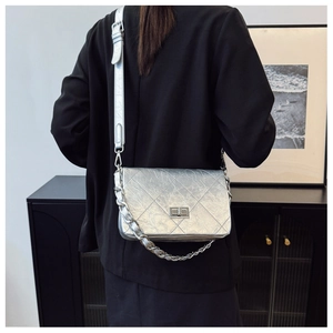 Silver quilted leather crossbody bag with chain strap shown on a model's shoulder