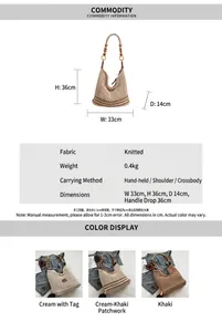 Detailed size chart for boho knit tote bag with wooden bead straps and stylish weaving
