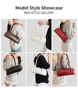 Collage of four minimalist leather shoulder bags in brown, white, red, and black finishes