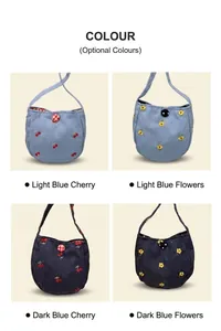 Détail de sacs en denim avec broderies de cerises et fleurs, doublure à carreaux rouge