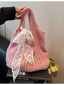 Women French Retro Crochet Woven Shoulder Bag Large Capacity Knitted Tote Bag With Lace Bow Ribbon Decoration Beach Handbag