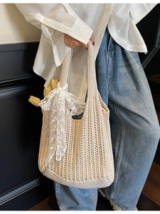 Chic cream woven crochet tote bag with lace ribbon bow and tulip floral detail