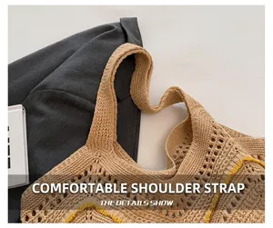 Gros plan détaillé de la bandoulière d'un sac cabas en tricot évidé aux motifs jaunes