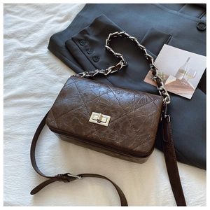 Macro detail of dark brown quilted leather texture and silver metal twist lock closure