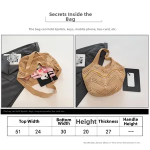 Tableau des tailles et dimensions du sac fourre-tout en maille avec détails jaunes