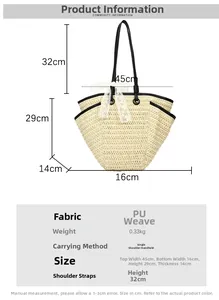 Tableau des dimensions du grand sac en paille avec anses noires et nœud en dentelle