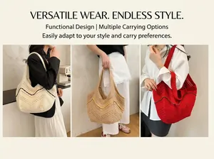 Détail d'un sac cabas en tricot ajouré avec motifs vagues en crème, kaki et rouge