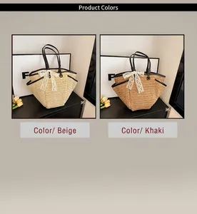 Détail des sacs fourre-tout en paille beige et kaki avec bordures noires et nœud en dentelle