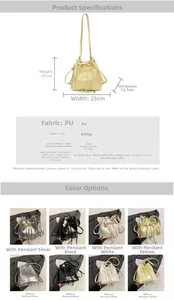Detailed size chart and multi-color specifications for the large PU leather bucket bag