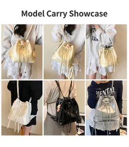 Fashionable bow bucket backpack for women with drawstring and cute rabbit pendant