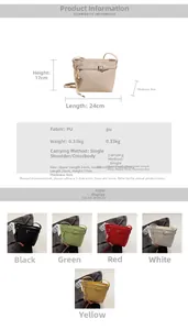 Detailed size chart and multi-color specifications for PU leather crossbody bucket bag
