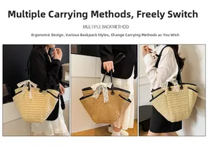 Détail du sac cabas en paille avec nœud en dentelle et options de portage