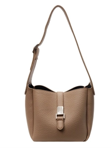 Sac seau minimaliste kaki en cuir grainé avec boucle argentée et bandoulière réglable