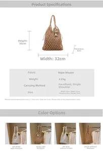 Detailed view of woven tote bag dimensions 32x35x8cm with bear and pearl charms