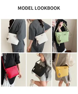Litchi pattern bucket bag in five colors showing crossbody fit and heart pendant detail