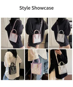 Grille détaillée montrant des sacs bohèmes tissés en cinq couleurs sur modèles