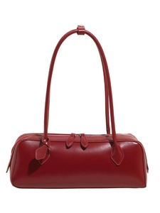 Elegant deep red leather baguette underarm bag with long straps and double zipper design
